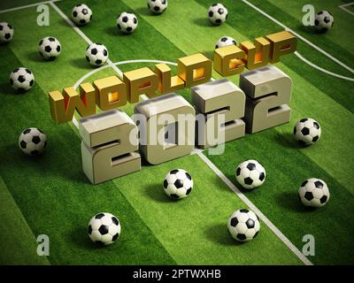 Konzept des globalen Fußballturniers 2022. 3D Abbildung. Stockfoto