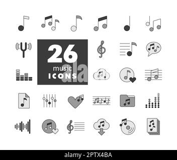 Musik Noten flache Farbvektoren Graustufensymbole eingestellt. Grafiksymbol für Musik und Sound Website und Apps Design, Logo, App, UI Stockfoto