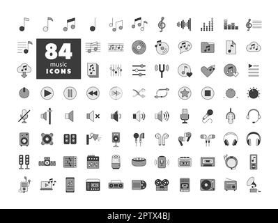 Symbolgruppe für Farbvektoren für Musik und Graustufen. Grafiksymbol für Musik und Sound Website und Apps Design, Logo, App, UI Stockfoto