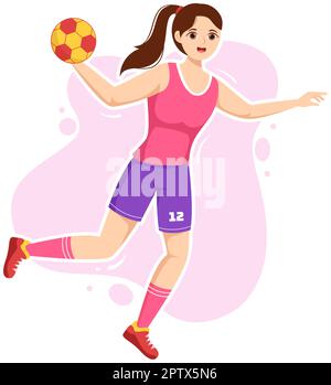 Handball Darstellung eines Spielers, der den Ball mit der Hand berührt und in einem flachen Zeichnungsschablone für den Sportwettbewerb ein Tor erzielt Stock Vektor