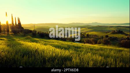 Panorama des Sonnenaufgangs in Val d'Orcia, Toskana, Italien Stockfoto