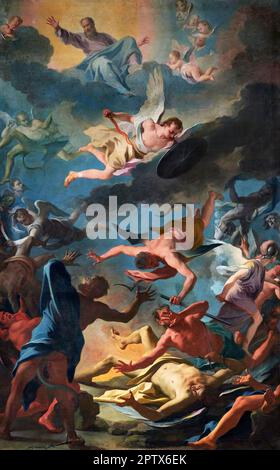 San Michele Arcangelo scaccia gli angeli ribelli - Simone Brentana - 1716 - Leffe (BG) chiesa di S. Michele Arcangelo Stockfoto