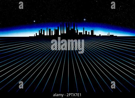 Konzeptdarstellung. Silhouette der simulierten Skyline der Stadt auf Rasterlinien. Stockfoto
