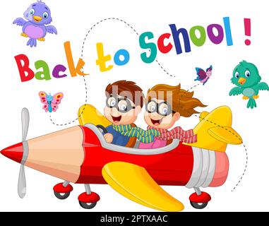 Niedlichen Jungen und Mädchen Cartoon fliegen auf Bleistift Flugzeug Stock Vektor