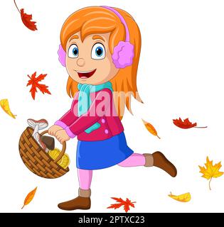 Cartoon kleines Mädchen mit Korb von Pilzen Stock Vektor