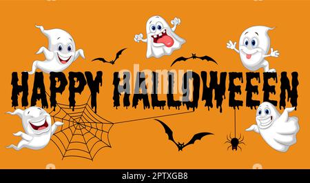 Frohe Halloween. Lustige Geister fliegen auf orangefarbenem Hintergrund Stock Vektor