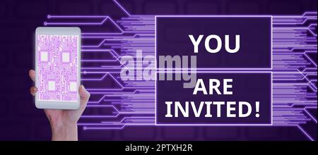 Inspiration mit Zeichen Sie sind eingeladen, Geschäftsansatz erhalten und Einladung zu einer Veranstaltung Nehmen Sie an uns Teil, um zu feiern Stockfoto
