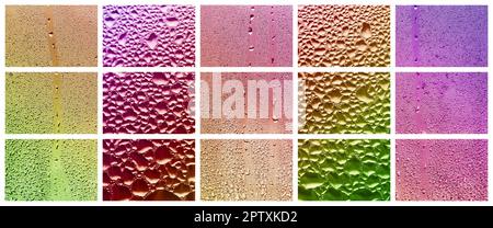 Eine Collage aus vielen verschiedenen Fragmenten aus Glas, mit regen Tropfen aus dem Kondensat eingerichtet. Regenbogen Farben Stockfoto