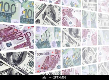 Eine Collage aus vielen Bildern von Euro-banknoten in Stückelungen von 100 und 500 Euro im Heap liegen Stockfoto