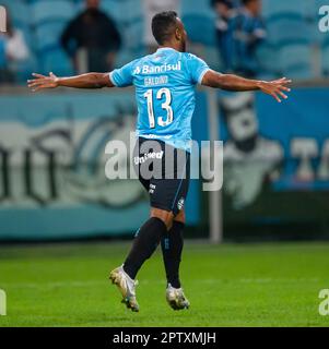 Porto Alegre, Brasilien, 27. April 2023. Everton Galdino von Gremio feiert sein Tor während des Spiels zwischen Gremio und ABC-RN für den Brasilien Cup 2023 im Arena do Gremio Stadium in Porto Alegre am 27. April. Foto: Richard Ducker/DiaEsportivo/Alamy Live News Stockfoto