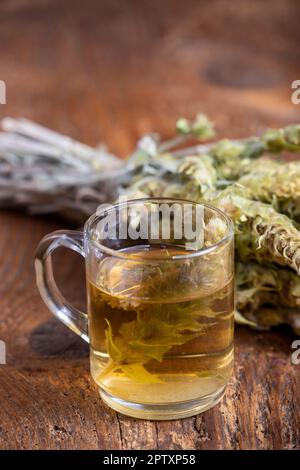 griechischer Sideritis-Tee auf dunklem Holz Stockfoto