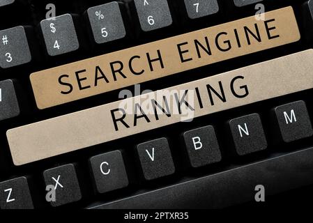 Handschriftlicher Text Suchmaschinenranking, Geschäftsübersicht Rang, an welchem Standort in der Suchmaschinenabfrage angezeigt wird Stockfoto