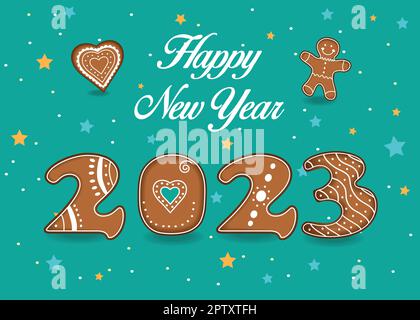 Frohes Neues Jahr 2023. Künstlerisches braunes Alphabet wie weihnachtliche Ingwerkekse mit weißer Creme-Einrichtung. Grüner Hintergrund mit Sternen und Konfetti. Heart und Ginger man Kekse. Vektordarstellung Stock Vektor