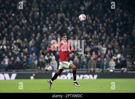 London, Großbritannien. 27. April 2023. Marcus Rashford von Manchester Utd in Aktion. Spiel der Premier League, Tottenham Hotspur gegen Manchester Utd im Tottenham Hotspur Stadium in London am Donnerstag, den 27. April 2023. Dieses Bild darf nur zu redaktionellen Zwecken verwendet werden. Nur redaktionelle Verwendung, Bild von Sandra Mailer/Andrew Orchard Sports Photography/Alamy Live News Credit: Andrew Orchard Sports Photography/Alamy Live News Stockfoto