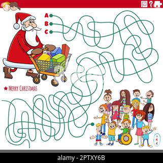 Labyrinth-Spiel mit Cartoon-Weihnachtsmann mit Geschenken und Kindern Stock Vektor