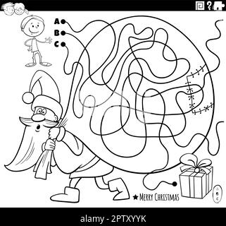 Labyrinth mit dem Weihnachtsmann mit einem sak an Geschenken und einer Seite zum Ausmalen von Jungen Stock Vektor