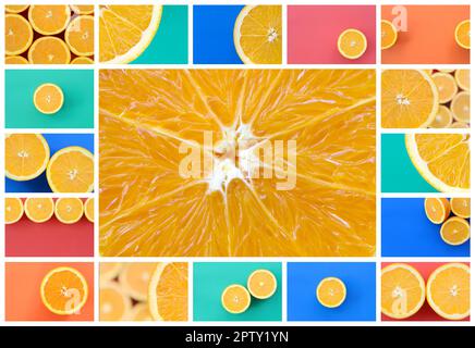 Eine Collage von vielen Bildern mit saftigen Orangen. Einstellen von Bildern mit Früchten auf Hintergründe in verschiedenen Farben Stockfoto