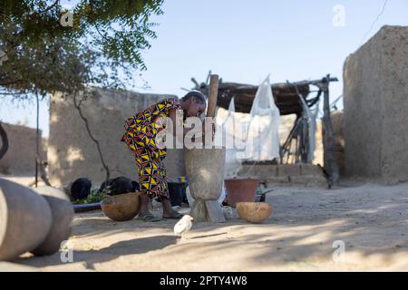 Ein junges Mädchen mahlt Hirsemehl mit Mörser und Stößel in der Region Segou, Mali, Westafrika. 2022 Dürre und Hungerkrise in Mali. Stockfoto