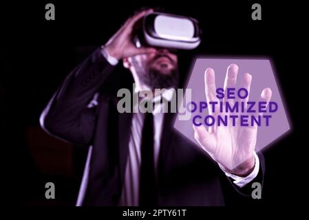 Handgeschriebenes Schild Seo Optimized Content, Business Showcase macht Webseiten für Suchmaschinen attraktiv Stockfoto