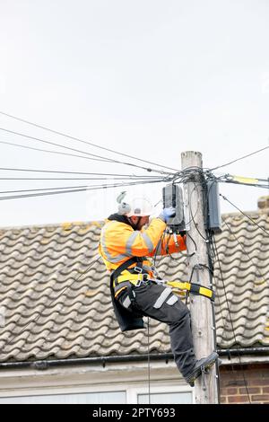 Installation von Breitband-Glasfaserkabeln in einem Haus-FTTH mit zwei Technikern Stockfoto