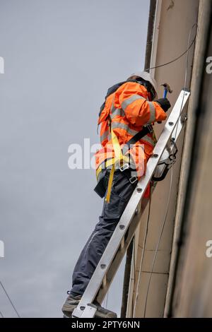 Installation von Breitband-Glasfaserkabeln in einem Haus-FTTH mit zwei Technikern Stockfoto