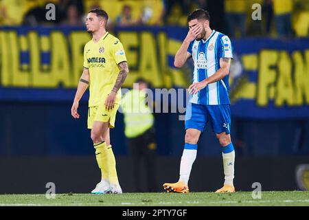 Oscar Gil von RCD Espanyol reagiert auf das Spiel LaLiga Santander zwischen Villarreal CF und RCD Espanyol am 27. April 2023 in Villarreal, Spanien. Stockfoto