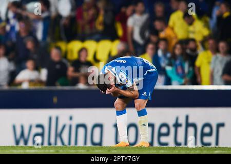 Oscar Gil von RCD Espanyol reagiert auf das Spiel LaLiga Santander zwischen Villarreal CF und RCD Espanyol am 27. April 2023 in Villarreal, Spanien. Stockfoto