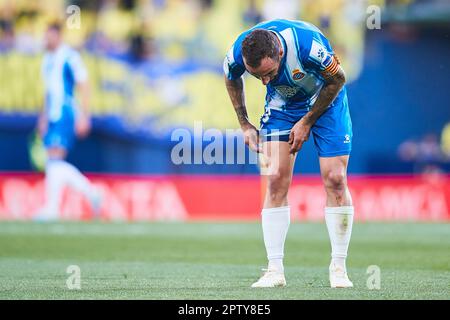 Sergi Darder von RCD Espanyol reagiert auf das Spiel LaLiga Santander zwischen Villarreal CF und RCD Espanyol am 27. April 2023 in Villarreal, Spanien. Stockfoto