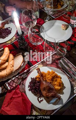 Gebratenes Geflügelbein mit Rotkohl und Püree Stockfoto