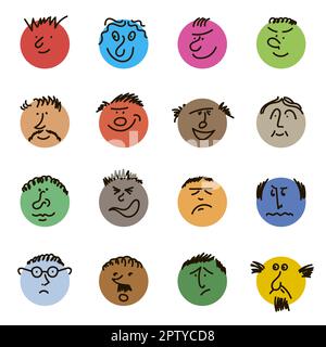Farbige Pudelköpfe. Runde Comic-Gesichter mit verschiedenen Emotionen. Zeichenstil. Verschiedene bunte Charaktere. Leute im Cartoon-Stil. Handgezeichnet t t Stockfoto