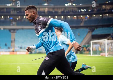 Porto Alegre, Brasilien. 28. April 2023. Adriel do Gremio, nach dem Spiel zwischen Gremio und ABC-RN, für die 3. Phase der 2023. Copa do Brasil, in der Arena do Gremio, diesen Donnerstag, 27. 30761 $ (Richard Ducker/SPP) Guthaben: SPP Sport Press Photo. Alamy Live News Stockfoto