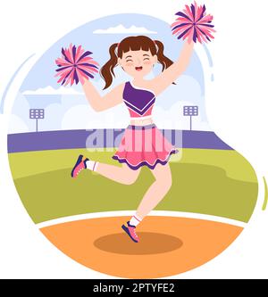 Cheerleader Mädchen mit Pompoms von Tanzen und Springen zu unterstützen Team Sport während des Wettbewerbs auf flache Cartoon Hand Drawn Vorlagen Illustration Stock Vektor