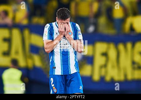 Oscar Gil von RCD Espanyol reagiert auf das Spiel LaLiga Santander zwischen Villarreal CF und RCD Espanyol am 27. April 2023 in Villarreal, Spanien. Stockfoto