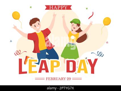 Happy Leap Day am 29. Februar mit der Illustration „Cute Frog in Flat Style Cartoon Hand Drawn Background Templates“ Stockfoto