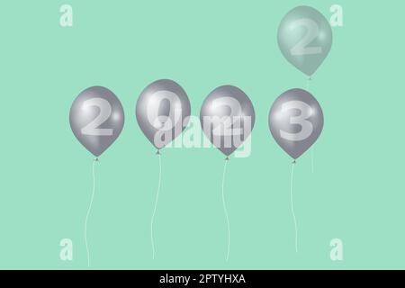 3D Illustrationskonzept Neujahr 2023 Design mit Nummer auf den Ballons, das alte Jahr ist vorbei. Stockfoto