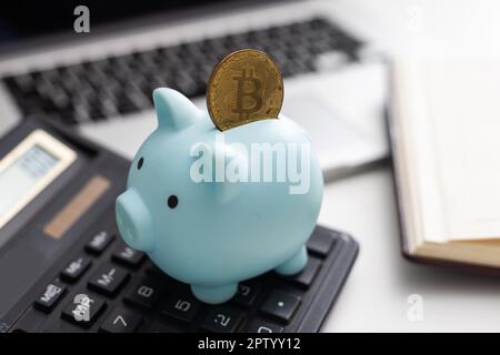 bitcoin auf Sparschwein im Büro Stockfoto