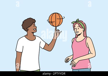 Glückliches multiethnisches Paar spielt Basketball Stock Vektor