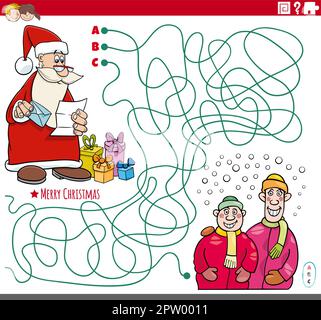 Labyrinth-Spiel mit Cartoon Santa Claus mit Geschenken und Jungen Stock Vektor