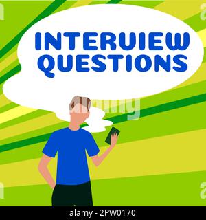 Inspiration zeigt, wie Sie Fragen zum Vorstellungsgespräch unterzeichnen, Geschäftsansatz typisches Thema ist während eines Vorstellungsgesprächs Fragen stellen oder nachfragen Stockfoto