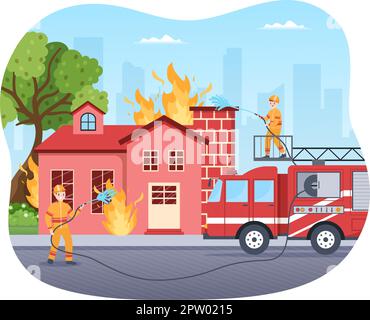 Feuerwehr mit Feuerwehrleuten, die Haus, Wald löschen und Menschen in verschiedenen Situationen helfen in flacher Hand gezeichneter Cartoon Illustration Stock Vektor