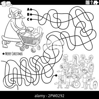 Labyrinth mit Weihnachtsmann mit Geschenken und Malseite für Kinder Stock Vektor