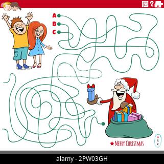 Labyrinth-Spiel mit Cartoon-Weihnachtsmann mit einem Sack voller Geschenke und Kindern Stock Vektor