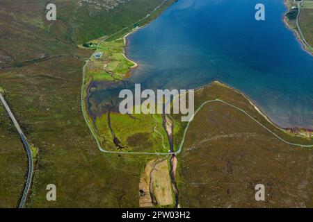 Genähte Luftperspektive in der Nähe von Loch Ainort in Richtung Marsco und Cuillins und Glamaig, Isle of Skye, Schottland Stockfoto