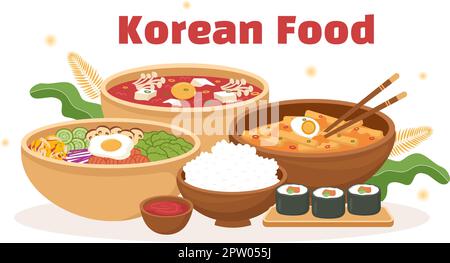 Koreanische Lebensmittel-Set Menü von verschiedenen traditionellen oder nationalen köstliche Küche Gericht in flachen Cartoon Handgezeichnete Vorlagen Illustration Stock Vektor