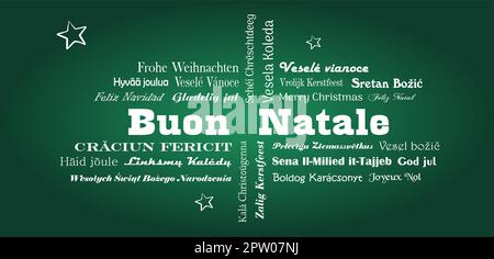 Frohe Weihnachten Vektorschrift. In allen Sprachen der Europäischen Union mit weißen Sternen. Grüner Rücken. Stock Vektor