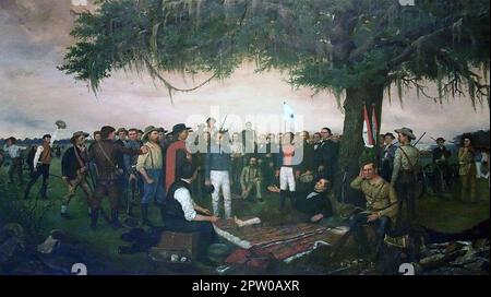 SCHLACHT UM SAN JACINTO 1836. Der mexikanische General Santa Anna ergibt sich dem Verwundeten Sam Houston in einem Gemälde von William Huddle aus dem Jahr 1886 Stockfoto