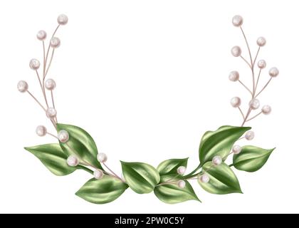 Eleganter Kranz in einem runden Rahmen aus Blumenblättern aus getrockneten beigefarbenen dekorativen Zweigen in Aquarell. Digitale Abbildung auf weißem Hintergrund. F Stockfoto