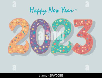 Frohes neues Jahr 2023 farbenfrohe Nummer mit bunten Sternen. Vektordarstellung Stock Vektor