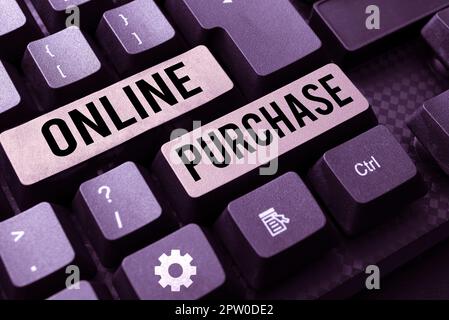 Textunterschrift Präsentation Online-Kauf, Business-Präsentation Verbraucher kaufen Produkte direkt von einem Verkäufer über das Internet Stockfoto