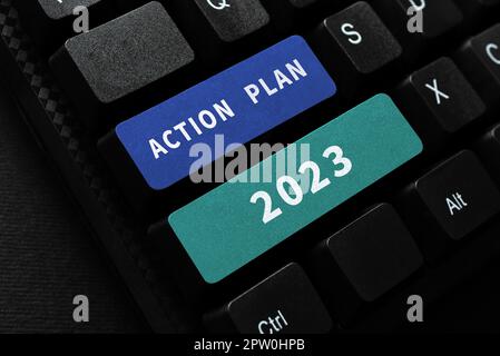 Konzeptionelle Überschrift Aktionsplan 2023, Geschäftsidee Herausforderung Ideen Ziele für Neujahr Motivation zum Start Stockfoto